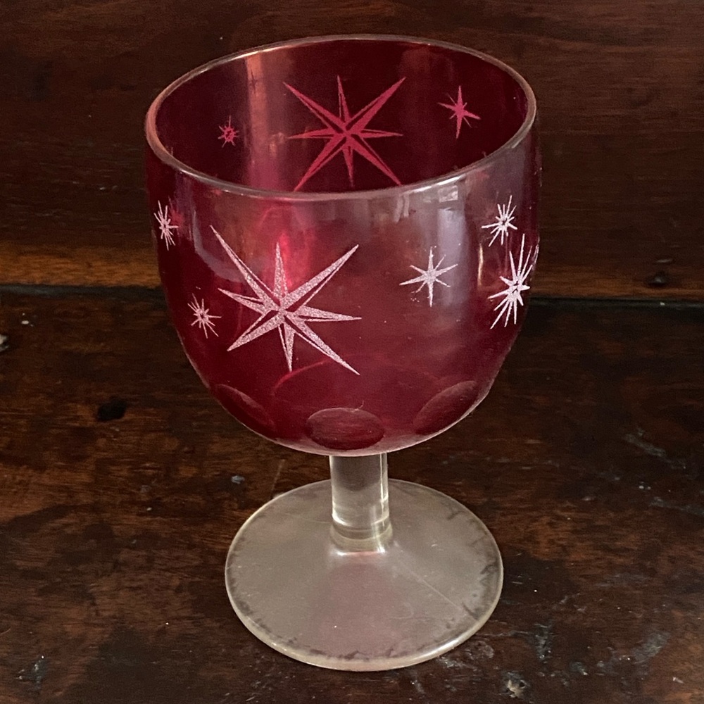 Bartlett Collins Etched Atomic Starburst Cranberry Red Glass Goblet